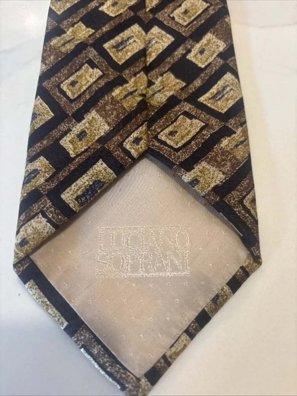 Vintage Papillon Luciano Soprani Italy Silk Tie Geometric Brown Blue Necktie